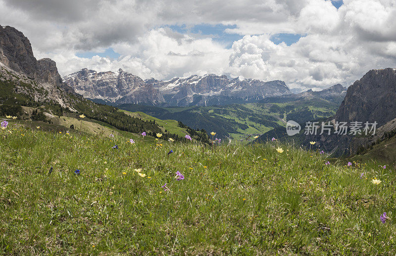 Alta Badia来自Gardena Pass, Dolomites，意大利(pano)